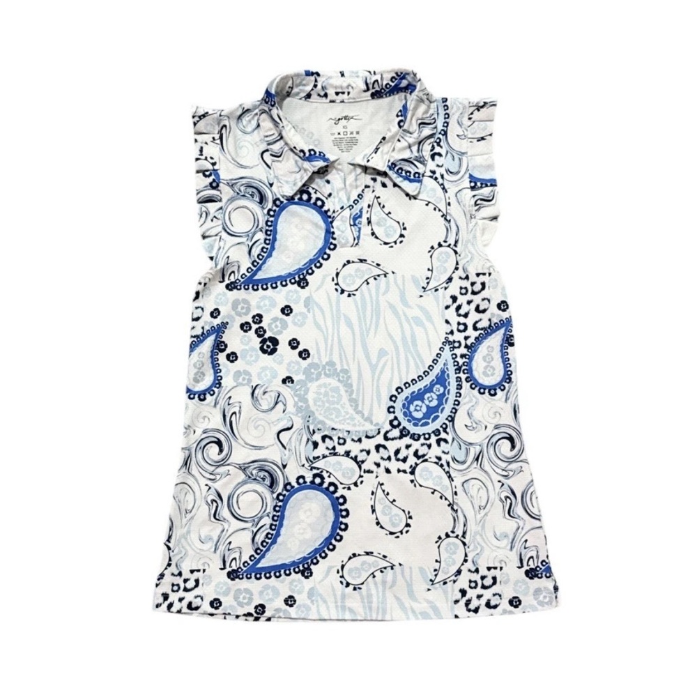 X by Gotten Women’s Active Paisley Animal Print Ruffle Sleeve Collared Golf Top